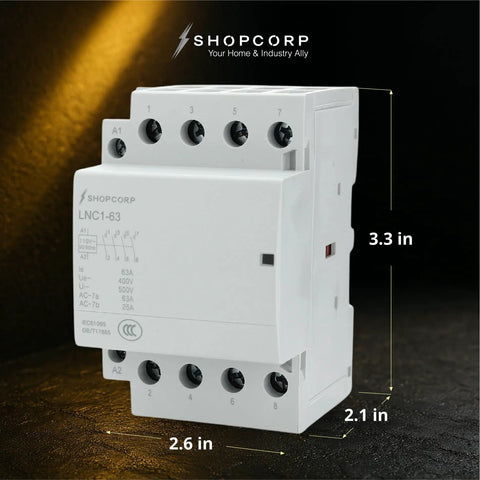 Front view of 4 Pole AC Contactor With 120V Coil Normally Open, 60A IEC 400V Rating, showing dimensions 3.3 in x 2.1 in x 2.6 in.