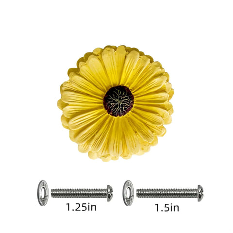 Gonna Look Sharp With These Vintage Daisy Cabinet Knobs And Drawer Pulls Hand Painted Resin Handles For Country Kitchen Refresh Sturdy Yellow Hardware Pack Of 6 Top Notch Cabinet Makeover showing a hand-painted yellow daisy knob with screws.