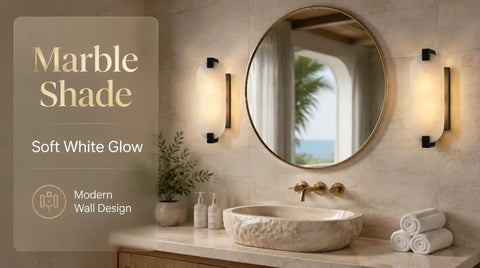 Tonabona 2 Pack 2 Light 15" Natural Alabaster Oval Marble Farmhouse Bathroom Black Wall Sconce in elegant bathroom setting.