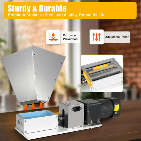 Real Workhorse Electric Grain Grinder With Four Detachable Hoppers, Heavy Duty Countertop Mill for Wheat Corn Barley Coffee Beans, showing stainless steel design.