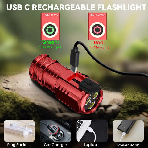 Tiny But Mighty Pocket USB C Rechargeable Flashlight, 2550 Lumens, Magnetic Tail, 5 Modes shown charging via USB-C