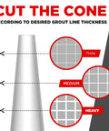 Image illustrating how to cut the cone tip of White Tile Grout Repair XL Odorless Fast Drying Grout Filler for varying grout line thickness.