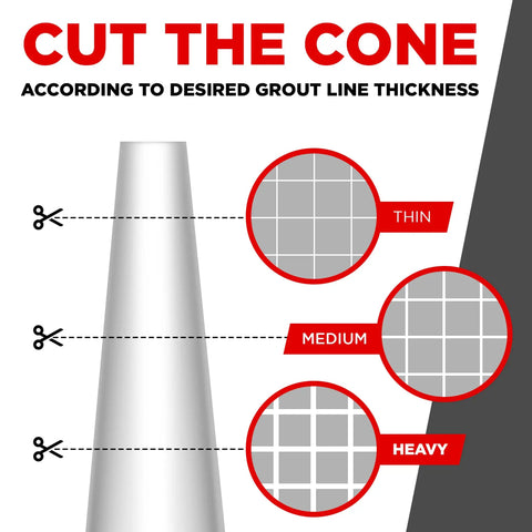 Image illustrating how to cut the cone tip of White Tile Grout Repair XL Odorless Fast Drying Grout Filler for varying grout line thickness.