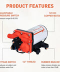 High Pressure 12V DC RV Water Diaphragm Pump With Smart Pressure Switch Delivers 5.5 GPM At 70 PSI Self Priming Wash Down with features