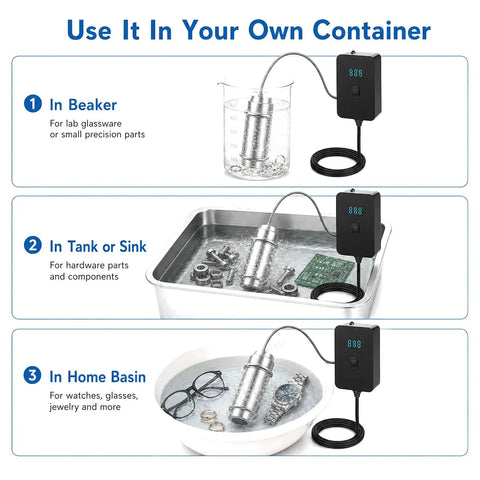 Portable Handheld Ultrasonic Cleaner in beaker, tank, and basin for effective cleaning of jewelry and lab parts.