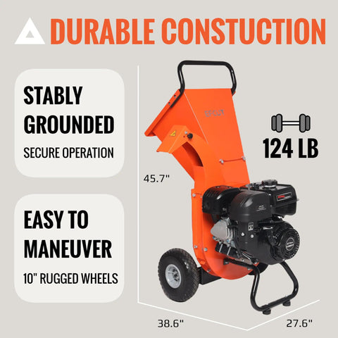 Beastly 9HP Gas Powered Wood Chipper With 4 Inch Max Capacity And 274cc Engine showing dimensions and features, 10" wheels, 124 lbs