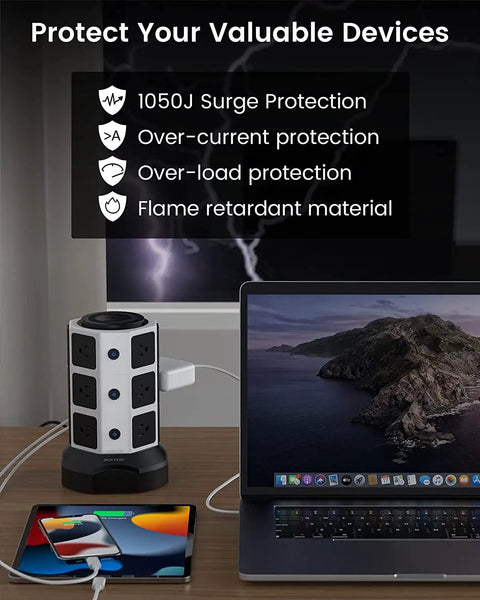 Tower Power Strip With Wireless Charging And Surge Protector, 13A 10 Outlets And 4 USB Ports beside laptop and tablet