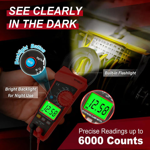 6000 Count Digital Clamp Meter With True RMS and backlit display showing 12.58 reading, highlighting built-in flashlight feature