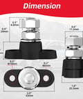 12V Pair Of Single Stud Power Distribution Blocks Beefy With Red Positive And Black Negative Insulated Bus Bars, Three Eighths Inch Studs, And M10 Terminal Posts, Battery Junction Block For Marine Boat And Automotive, 250A At 12V, 48V Max. dimension diagram with 3/8-inch and M10 terminals