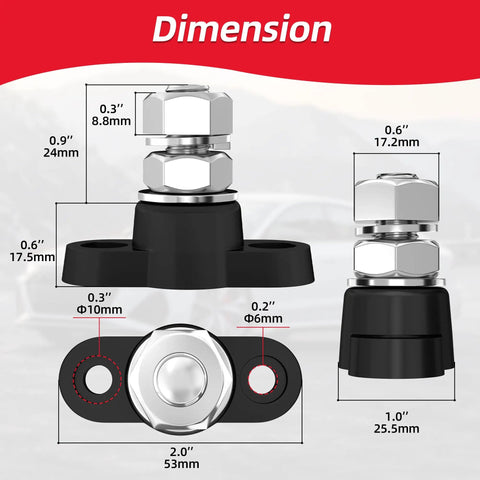 12V Pair Of Single Stud Power Distribution Blocks Beefy With Red Positive And Black Negative Insulated Bus Bars, Three Eighths Inch Studs, And M10 Terminal Posts, Battery Junction Block For Marine Boat And Automotive, 250A At 12V, 48V Max. dimension diagram with 3/8-inch and M10 terminals