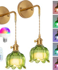 GZZBMY Indoor RGB Wall Light with Remote Control Dimmable Wall Lamp USB Rechargeable Creative Glass Lampshade Wall Sconce Creative Flowers Design for Bedroom Living Room (Amber,2 Packs) with green glass shades and remote.