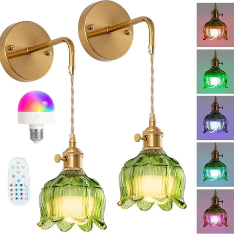 GZZBMY Indoor RGB Wall Light with Remote Control Dimmable Wall Lamp USB Rechargeable Creative Glass Lampshade Wall Sconce Creative Flowers Design for Bedroom Living Room (Amber,2 Packs) with green glass shades and remote.