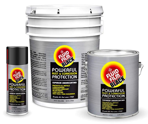 Black Corrosion Protection Spray Kit With 12 Aerosol Cans 2 Ft Extension Hose And Nozzle Long Lasting Lubricant And Penetrant For Marine Automotive And Snow Handling Undercoating 11.75 Oz Each, shown with cans and pails