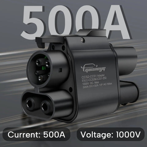 Heavy Duty Ccs2 To Ccs1 Adapter For Ev Chargers Ac Dc 1000V 500A showing detailed plugs and specifications.