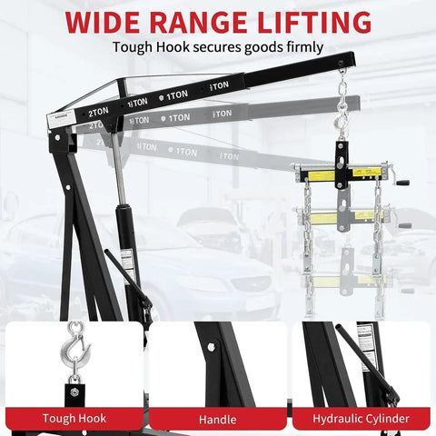 Badass 2 Ton Hydraulic Engine Hoist Folding Cherry Picker Crane with adjustable boom and tough hook for secure lifting.