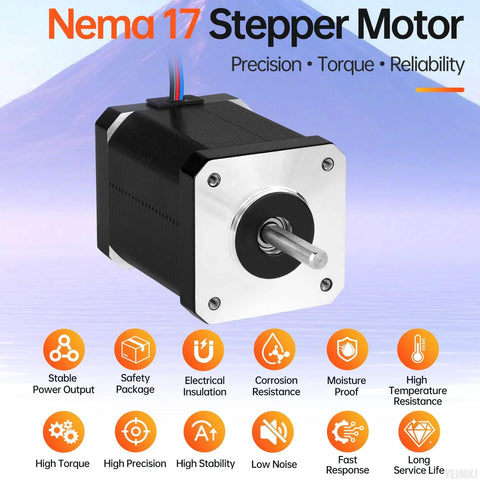 Front view of NEMA 17 stepper motor with silver mounting plate, black housing, and protruding shaft