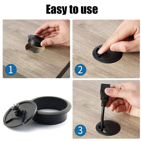 8 Pack Desk Grommets 2 Inch Black With Hole Saw Kit installation steps showing easy cable management setup on wood desk