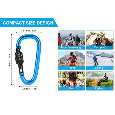 Image of a blue Durable Aluminum D Ring Carabiner With Screw Gate Clips beside activity icons like mountaineering, camping, and fishing