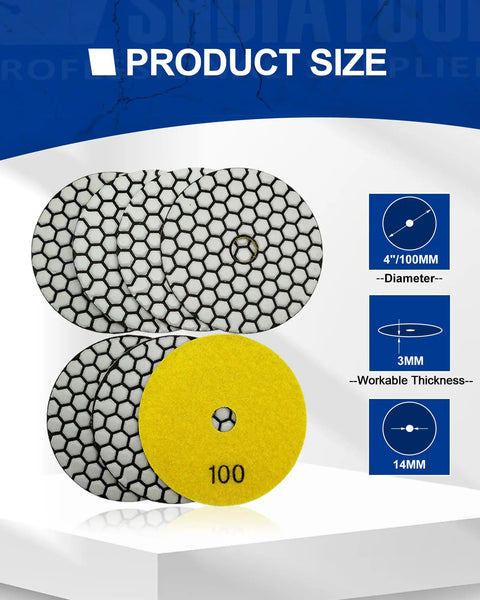 Four Inch Dry Diamond Polishing Pads Grit 100 For Granite Marble Stone Flexible Sanding Pads Grinding Kit with dimensions