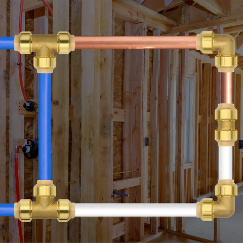 Six Pack 1/2 Inch Push Fit Tee Fittings With Disconnect Clip installed on copper, blue and white pipes in construction site