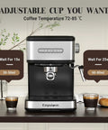 Top Shelf 20 Bar Espresso Machine With Integrated Milk Frother And Steam Wand Heavy Duty 1100 Watt stainless steel coffee maker, adjustable settings.