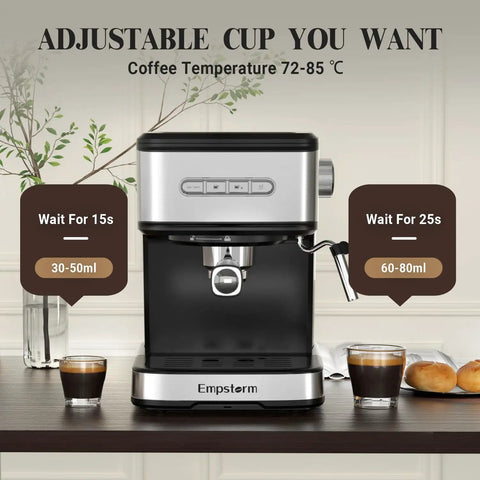 Top Shelf 20 Bar Espresso Machine With Integrated Milk Frother And Steam Wand Heavy Duty 1100 Watt stainless steel coffee maker, adjustable settings.
