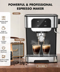 Compact Stainless Steel Espresso Machine With 20 Bar Pump And Built In Milk Frother For Creating Legit Barista Quality Lattes And Cappuccinos Right In Your Kitchen Using A Sleek Touch Display Black Edition, showing espresso brewing two cups.