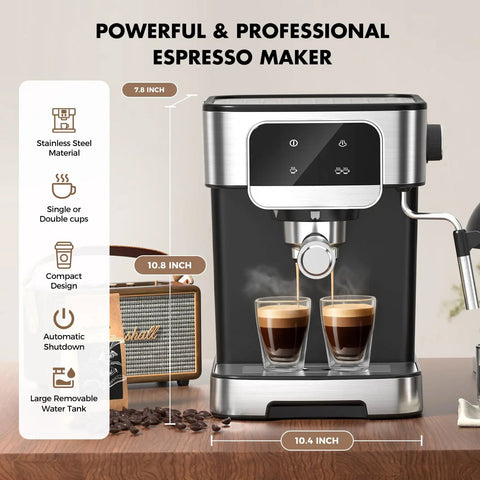 Compact Stainless Steel Espresso Machine With 20 Bar Pump And Built In Milk Frother For Creating Legit Barista Quality Lattes And Cappuccinos Right In Your Kitchen Using A Sleek Touch Display Black Edition, showing espresso brewing two cups.