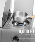 Five Burner Propane Gas Grill With Side Burner in Stainless Steel showing 9,000 BTU lidded side burner with pot on grill