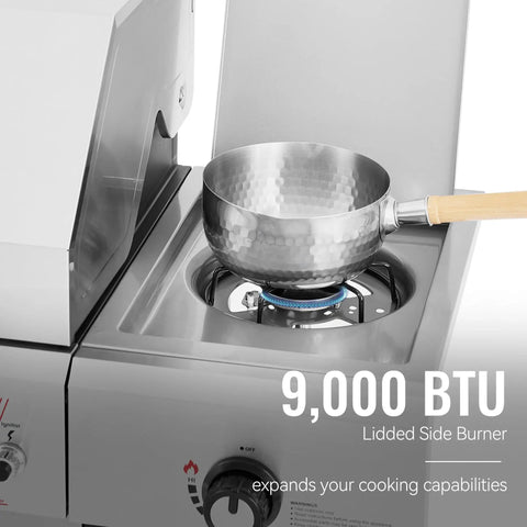 Five Burner Propane Gas Grill With Side Burner in Stainless Steel showing 9,000 BTU lidded side burner with pot on grill
