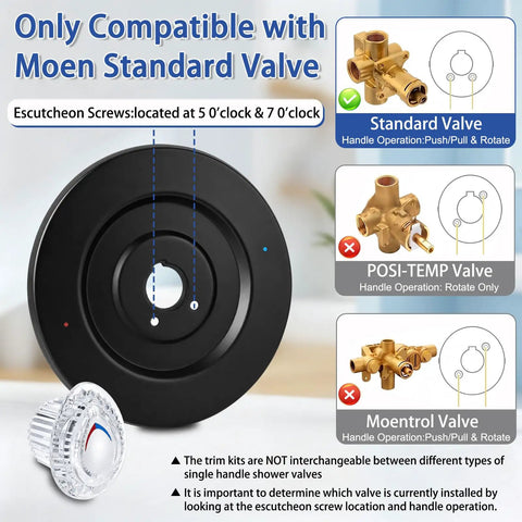 Upgrade Your Drip-Free Bath With This Sleek Matte Black Shower Trim Kit Made For Moen Chateau T470 Single Handle Faucets For A Fresh New Look That Totally Slays In Any Home. round matte black shower trim plate and clear acrylic knob for Moen standard valve