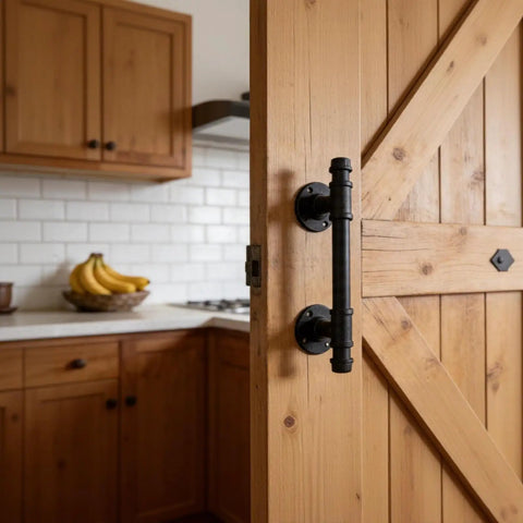 Dope Industrial Pipe Barn Door Handle Set in Rustic Black Iron installed on wooden door, perfect for interior doors.