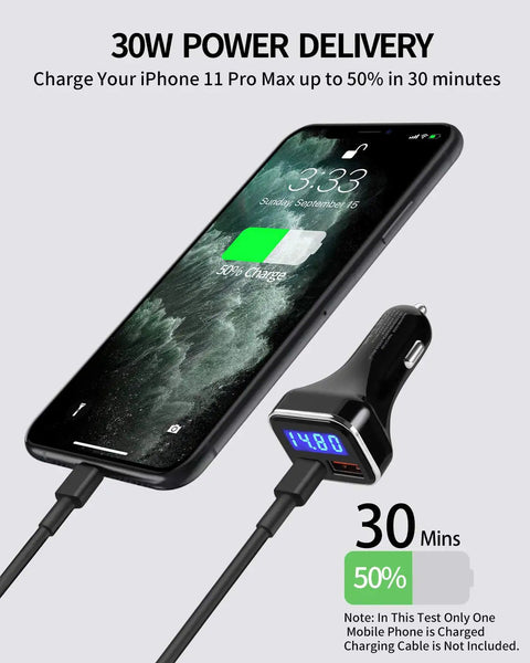 Game Changer Hella Fast Dual Port 30W Usb C Car Charger With Built In Led Voltage Meter And Real Time Battery Monitor charging iPhone 11 Pro Max
