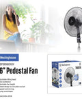 16 Inch Pedestal Fan With Five Blade Design And Three Speed Settings For Powerful Oscillating Airflow Featuring A Tilting Head And Adjustable Height In Sleek Black, with a woman enjoying the cool breeze.