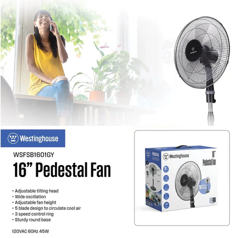 16 Inch Pedestal Fan With Five Blade Design And Three Speed Settings For Powerful Oscillating Airflow Featuring A Tilting Head And Adjustable Height In Sleek Black, with a woman enjoying the cool breeze.