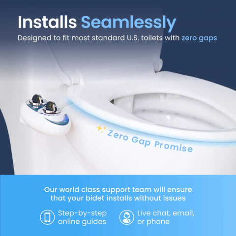 Close-up of a Neo 180 Dual Nozzle Bidet Attachment For Toilets With Self Cleaning Non Electric Operation, installed on a toilet