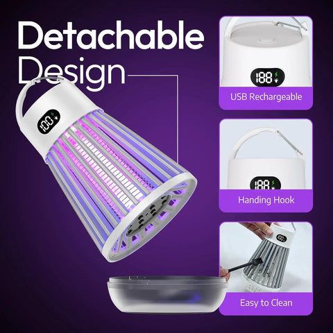Zapper 2.0 Portable Bug Zapper Silver Indoor And Outdoor Cordless Rechargeable Mosquito Zapper With Hanging Hook 1500V High Voltage