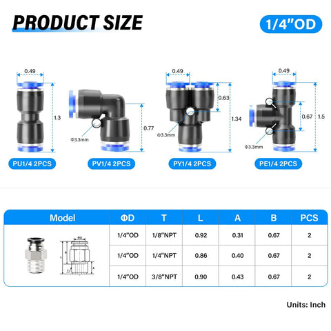 One Quarter Inch Air Fittings Assortment Kit dimensions and specifications chart with connectors and fittings shown