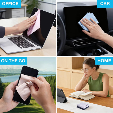 SmoTecQ 12-pack microfiber lens cleaning cloths in assorted colors for glasses, screens, cameras.