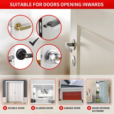 Portable Door Lock Security Kit For Travel And Airbnb Extra Privacy And Safety In Hotels Homes And Apartments Keeps Doors From Being Opened From Outside 2 Pack, shown compatible with inward opening doors, checklist graphics included.