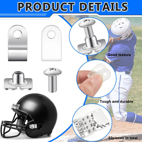 32 Piece Helmet Repair Kit With R Clips, Screws, Nuts And Rubber Gaskets For Football, Hockey And Baseball Gear shown in detail