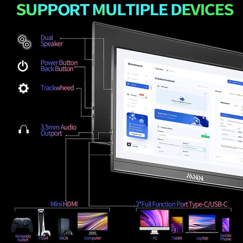 15.6 Inch Portable Monitor Fhd 1080P Usb Type C Hdmi IPS Glare Free Gaming Laptop External Display showing connectivity options and features.