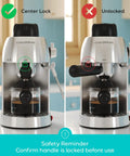 Premium Home Espresso Machine With Built In Milk Frother And Rapid Steam Wand showing center lock vs unlocked safety reminder.
