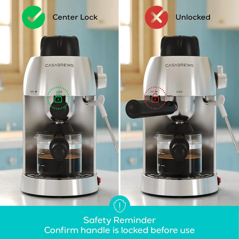 Premium Home Espresso Machine With Built In Milk Frother And Rapid Steam Wand showing center lock vs unlocked safety reminder.