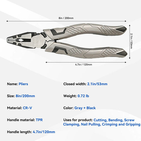 8 Inch Linesman Pliers With Wire Cutters The Real Workhorse for DIY projects with gray and black handle details.