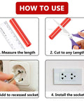 Instructions for using 175 Piece Red Electrical Outlet Spacers Kit With 85 Six Thirty Two Cup Head Mounting Screws And 90 Nonthreaded Spacers For Electrical Boxes Switches And Receptacles Insulated Flame Resistant Oil Resistant Durable DIY Friendly Upgrade showing measuring, cutting, adding to socket, and installing.