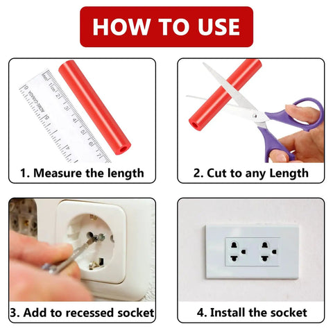 Instructions for using 175 Piece Red Electrical Outlet Spacers Kit With 85 Six Thirty Two Cup Head Mounting Screws And 90 Nonthreaded Spacers For Electrical Boxes Switches And Receptacles Insulated Flame Resistant Oil Resistant Durable DIY Friendly Upgrade showing measuring, cutting, adding to socket, and installing.