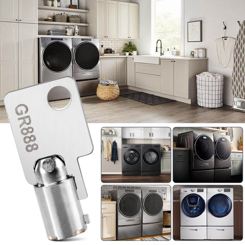 GR888 2 Pack Coin Laundry Machine Keys For Greenwald Money Box Lock Replacement 8 20 888 Compatible With Speed Queen Whirlpool Maytag Huebsch Wascomat Dexter ESD And Other Brand Washer Coin Boxes Durable Lock Key Set visible in a laundry room.