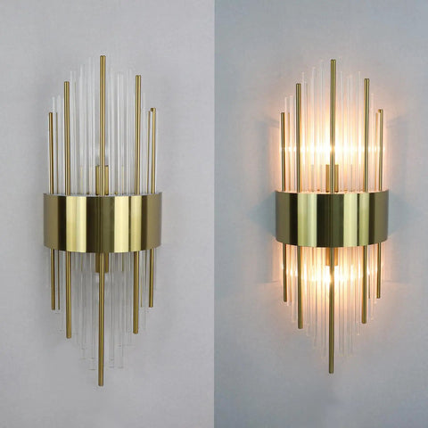 Modern Gold Crystal Wall Sconces Two Pack 2 Light Brass Glass Wall Light Fixtures for bedroom and living room.