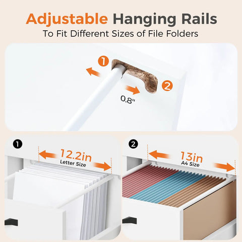 Adjustable hanging rails in Two Drawer Filing Cabinet In White With Rolling Wood Design, for letter and A4 file folders